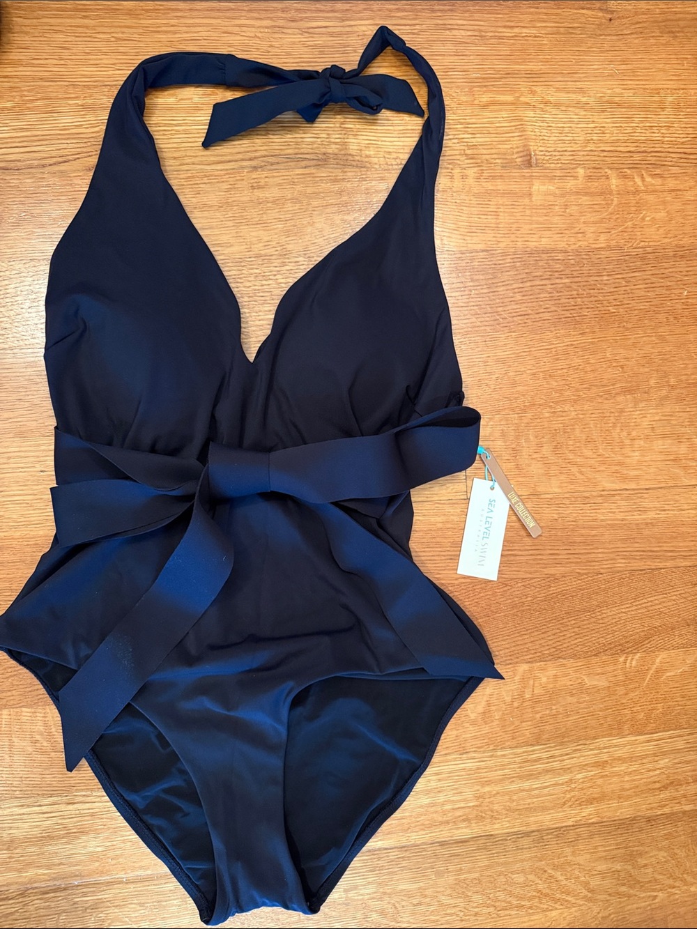 Halter One-Piece Swimsuit with Waist Tie — Black